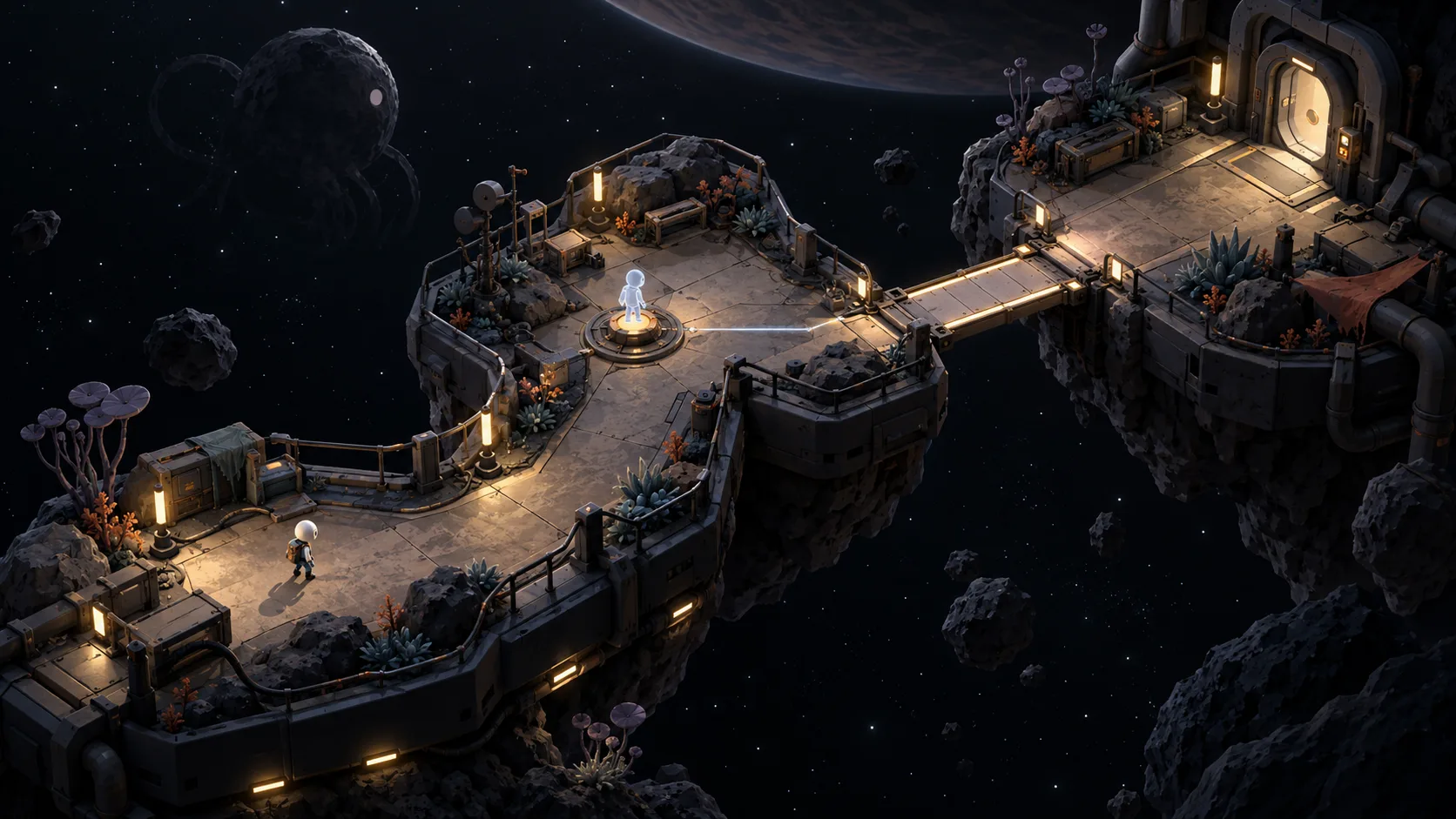 Approved visual concept of a lone figure crossing a dark cosmic station